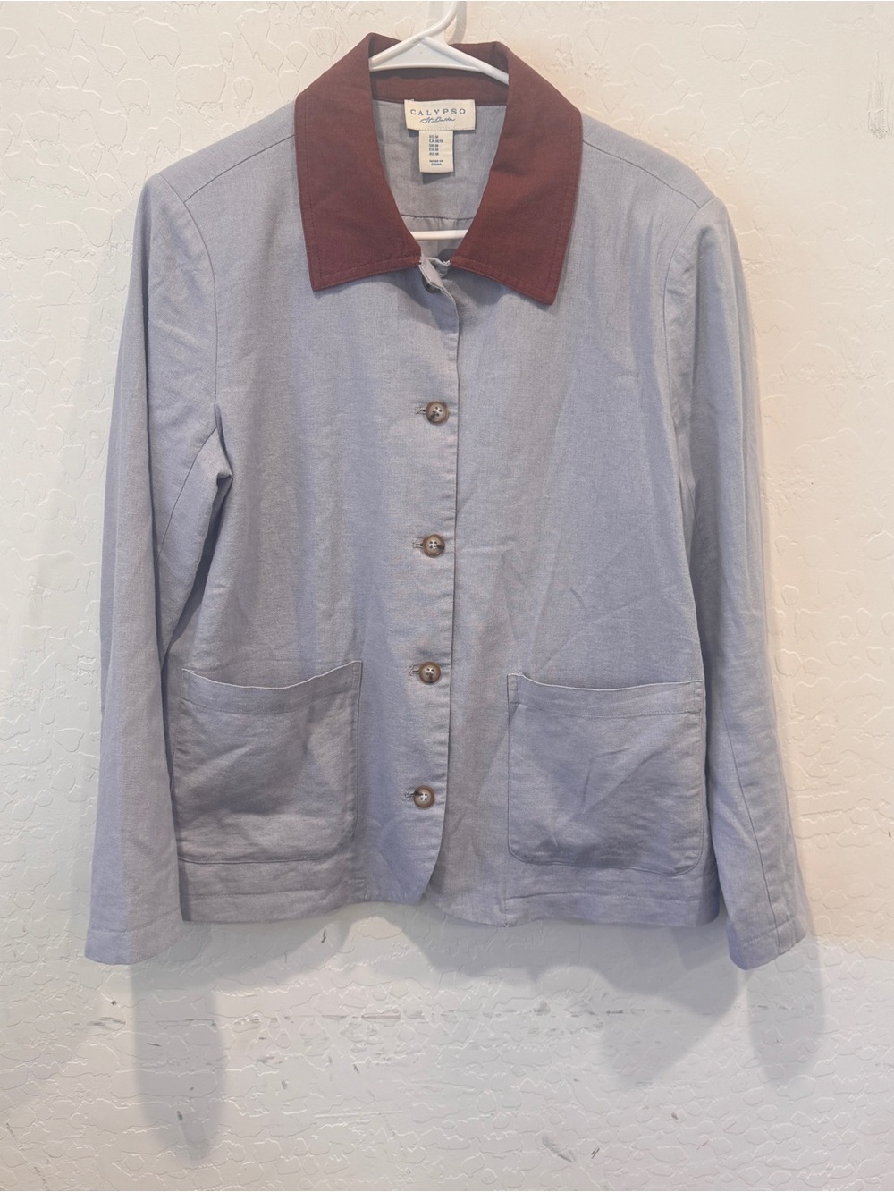 Calypso St. Barth Light Blue Jacket Brown Contrast Collar Medium Linen Blend